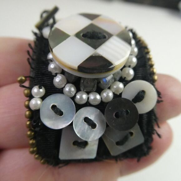 Chunky Funky Cuff Bangle Bracelet Mother of Pearl Shell Button Fabric DIY Artist - Picture 2 of 9